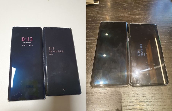 왼쪽 사진은 LG벨벳(사진 왼쪽)과 갤럭시노트9를, 오른쪽 사진은 LG벨벳(사진 왼쪽)과 갤럭시노트10을 비교해 찍은 사진이다. 갤럭시노트10보다 길이가 약간 길고, 폭이 좁은 편이다, /사진=구현화 기자