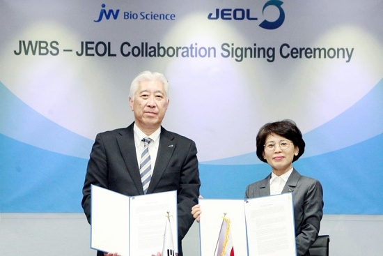 사진설명= 함은경 JW바이오사이언스 대표(우)와 사이토 신 제올 의료기기사업운영 총책임자