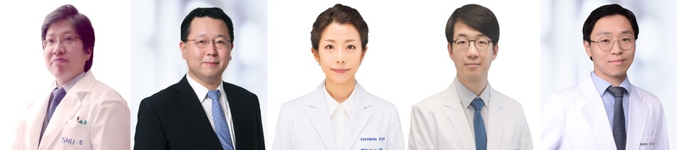 (사진 왼쪽부터)이상건·주건 서울대학교병원 신경과 교수, 홍상빈 임상유전체의학과 임상강사, 신용원 중환자의학과 교수, 최홍윤 핵의학과 교수. 서울대학교병원 제공